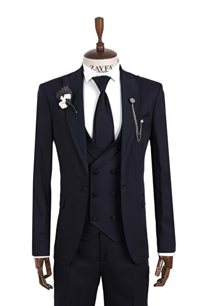 ZAYFA Lacivert Slim Fit Saten Yaka Damatlık Smokin