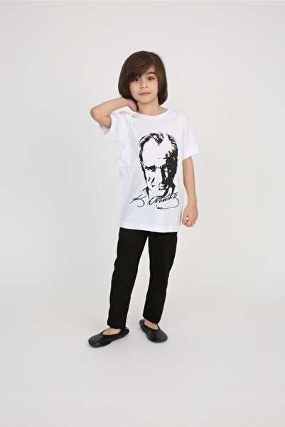 Beyaz Atatürk Baskılı Çocuk Tişört Kız Erkek Unisex Pamuklu