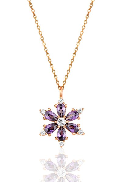 Bilsen Store Kadın 925 Ayar Gümüş Zincirli Rose Kaplama Ametist Damla Taşlı Lotus Kamelya Çiçeği Üçlü Set