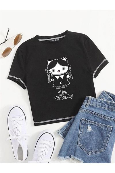 Touz Hello Wednesday Printed Reverse Stitch Black Crop