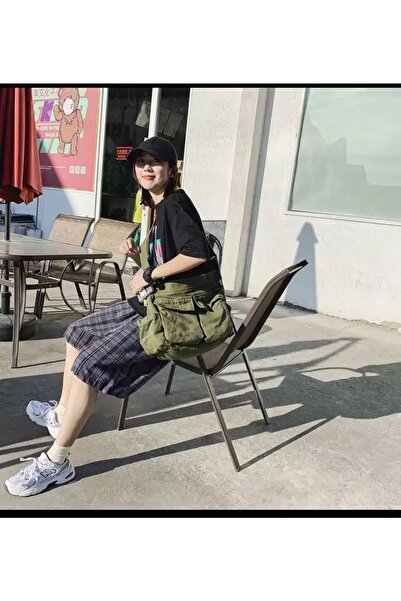 Gofeel Harajuku Vintage Unisex Kargo Cep Iç Hacmi Geniş Haki Yeşil Postacı Çanta