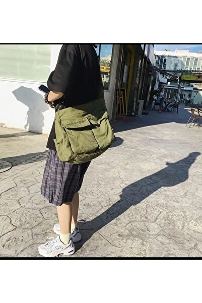 Gofeel Harajuku Vintage Unisex Kargo Cep Iç Hacmi Geniş Haki Yeşil Postacı Çanta