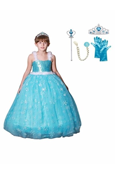 BUTİKHAPPYKİDS Κοστούμι Έλσα με τιράντες για κορίτσια - Στέμμα, Ραβδί και Γάν...