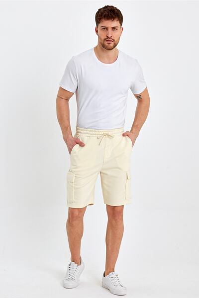 ENQUE Чоловічі класичні шорти з еластичним поясом, багато кишень, прямий крій, бежеві