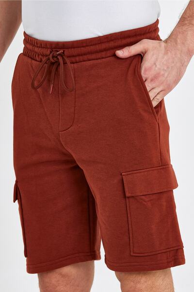 ENQUE Ανδρικό σορτς Classic Cargo με πολλές τσέπες ελαστικό απλό πλακάκι