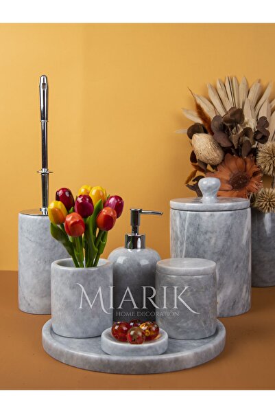 MIARIK DESIGN & DEKORASYON Dekoratif Grı Mermer Gümüş Kuş Kuğu Detaylı 7 Li B...