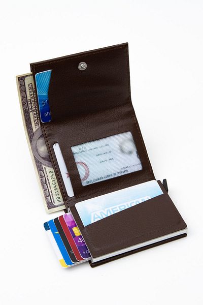 Adelina Bags Dark Brown Basic Leather Mechanism Card Holder Wallet with Automatic Slide