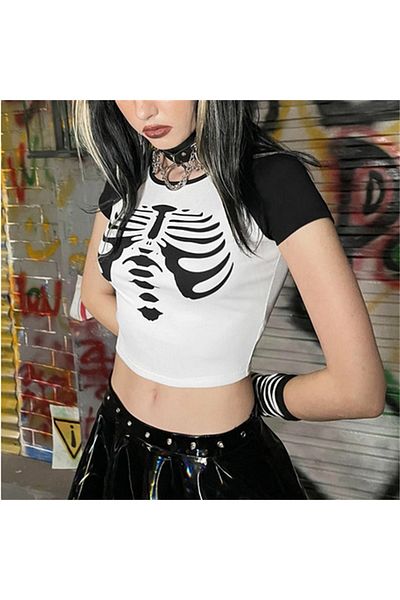 Touz zolid wear Basic Rib Printed Raglan μανίκι Λευκό Crop