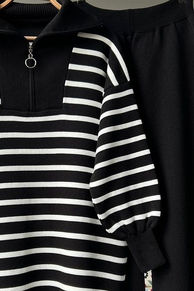 modabirsen Stripe Detailed Zippered Top and Bottom Set