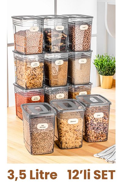 Vienev Large Size Strip Erzak Storage Container with Label, 3.5 Liters, 12-Piece Anthracite Set