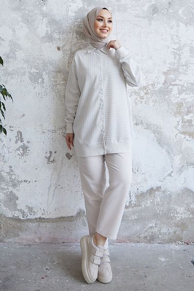 InStyle Elinya Stripe Pattern Linen Shirt Set - Light Blue