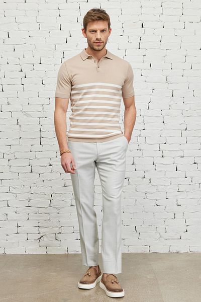 ALTINYILDIZ CLASSICS Men's Mink-ecru Standard Fit Regular Cut Polo Neck 100% Cotton Short Sleeve Striped Knitwear T-Shirt