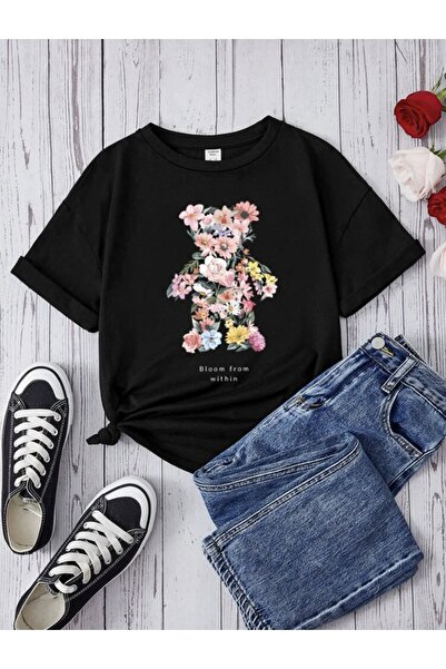 MORNİNG KİDS Μαύρο Floral Παιδικό T-Shirt με στάμπα αρκουδάκι