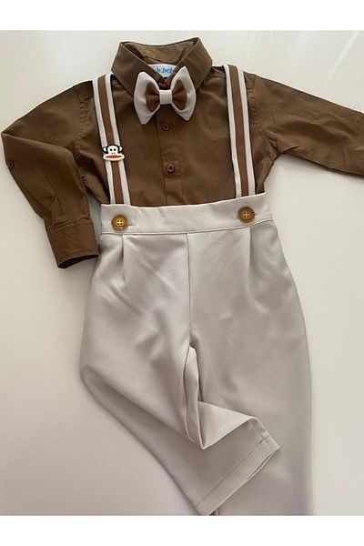 tubibebe Brown Shirt Safari Suit Salopette + Shirt + Bow Tie