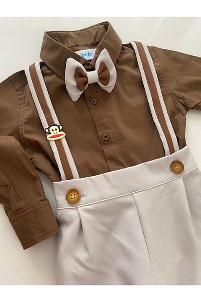 tubibebe Brown Shirt Safari Suit Salopette + Shirt + Bow Tie