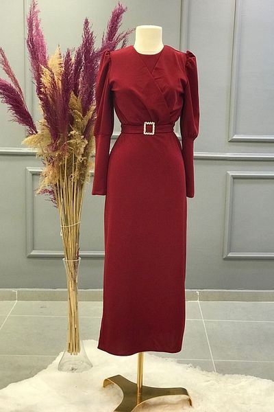 Ebrar Store Cross Front Detail Balloon Sleeve Pencil Dress-ge5110-burgundy
