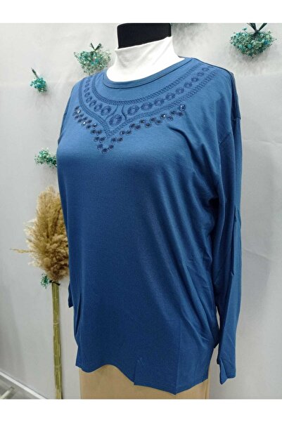 Sel Tekstil Women's Plus Size Crew Neck Mother Combed Cotton Blouse