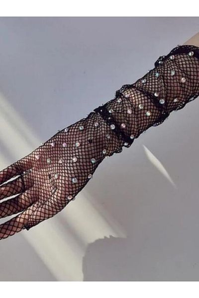 Madamcarlotta Блестящи черни ръкавици с камъни