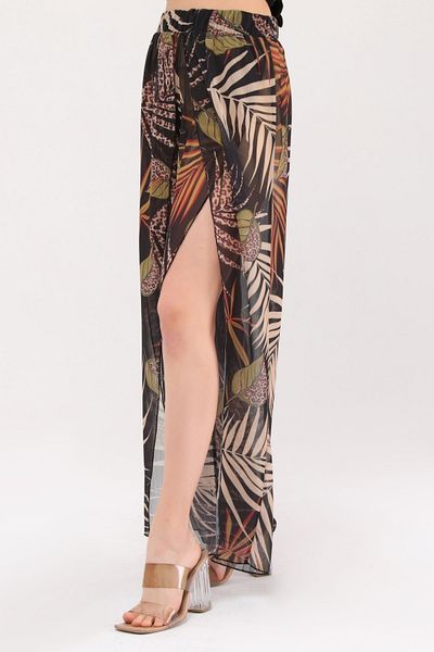 Bolder Lily Schwarze geschlitzte Strandhose mit Leo-Blattmuster