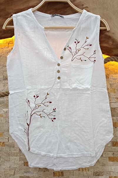 AYASOFYA OTANTIK Women's White Tree Embroidered Button Detailed Sleeveless Blouse