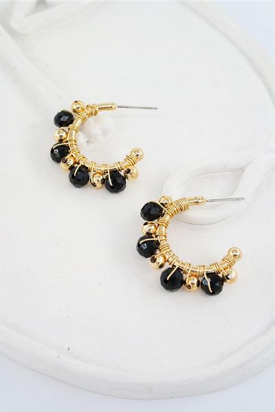 By Zeyna Aksesuar Women's Special Design Black Crystal Stone and Beaded 3 Cm Hoop Earrings