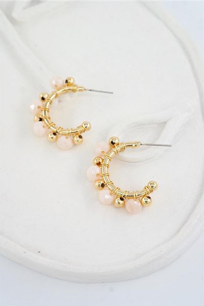 By Zeyna Aksesuar Women's Special Design Powder Pink Crystal Stone and Beaded 3 Cm Hoop Earrings