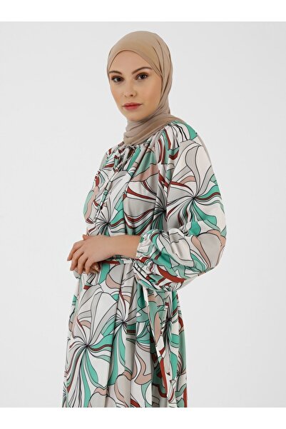 Refka Floral Patterned Casual Hijab Dress - Ecru Green - Woman