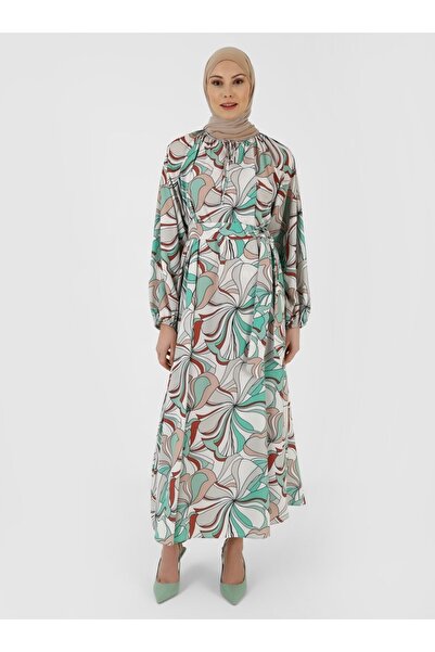 Refka Floral Patterned Casual Hijab Dress - Ecru Green - Woman