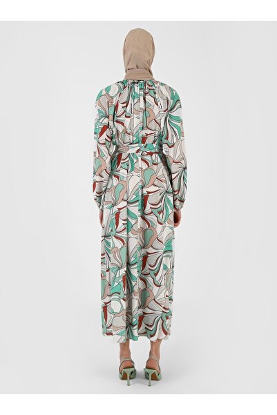 Refka Floral Patterned Casual Hijab Dress - Ecru Green - Woman