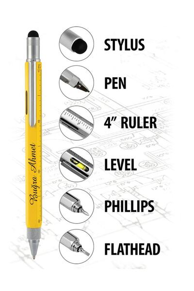 NRDLİFE Kişiye Özel Isim Baskılı Metal Kutulu Su Terazili Cetvelli Tornavidalı Touch Penli Mühendis Kalemi