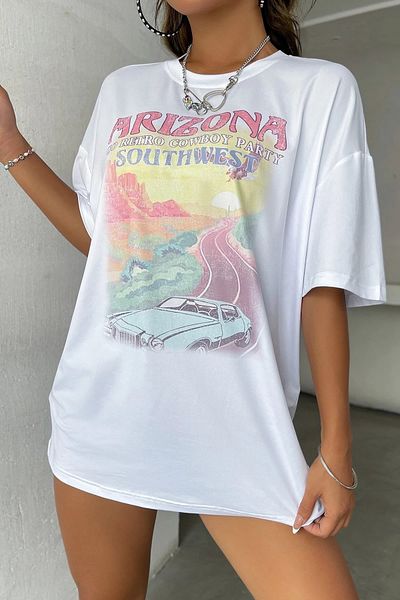 MODAGEN Unisex bílé tričko Arizona Oversize rameno s potiskem