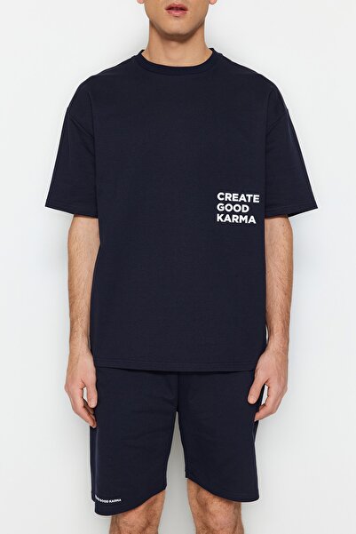 Trendyol Collection Σετ αθλητικής φόρμας Navy Blue Regular Off Shoulder Lettering με τύπωμα Cotton TMNSS23EM00001