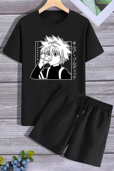 SARNİA Black Anime Printed T-shirt and Shorts Set for Women and Men