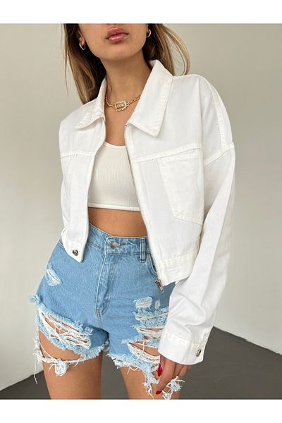 Fav Style Jachetă de damă, cu fermoar, cu buzunar dublu, crop, albă