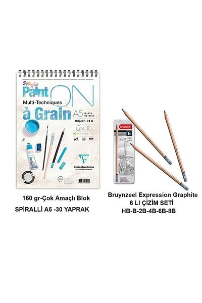 Clairefontaine Paint-on A Grain Drawing Block A5 160gr 30 Sheets And Bruynzeel Expression Graphite Drawing Set 6 Pieces
