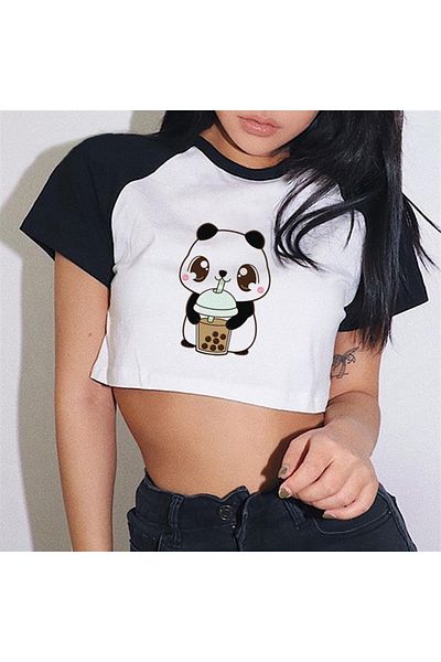 Touz Eysa Pretty Panda Printed Raglan Maneci Cultură Albă