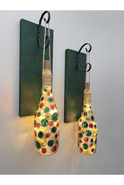 Mes Reves Led Işıklı Ahşap Koyu Yeşil Renkli Vitray Cam Salon Bar Bahçe Dekor...