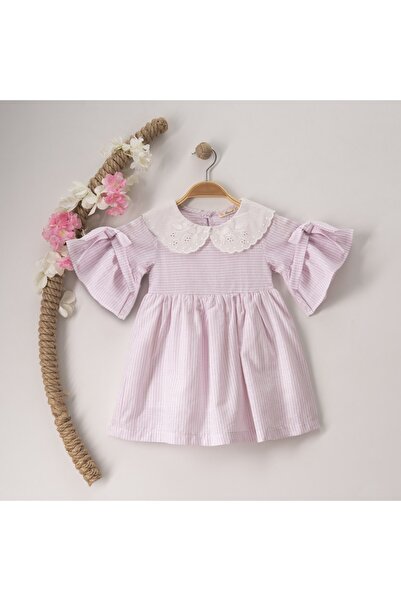 BÜŞRA ,kol Fiyonklu Çizgili Pembe Kız Çocuk Elbise