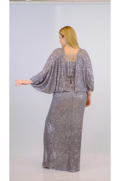 FQUEEN Yarasa Kol Pul Payet Uzun Abiye