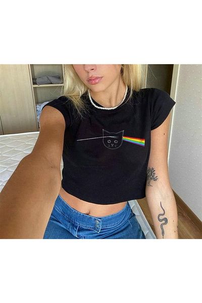 Touz Pink Floyd Cat Printed Black Crop Zolid Wear