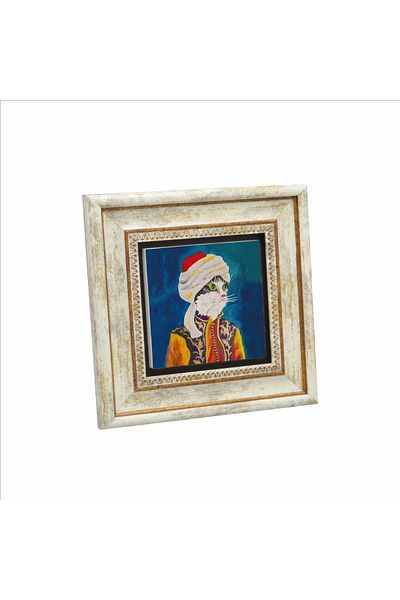 Sadrazam Pictură din piatră naturală cu pisică otomană cu turban 20cmx20cm Krt-067