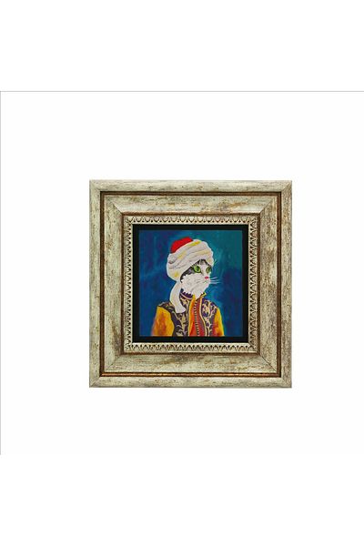 Sadrazam Pictură din piatră naturală cu pisică otomană cu turban 20cmx20cm Krt-067