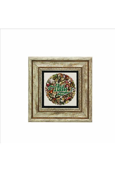BAKSEPETE Italian Cuisine Symbols Printed Framed Natural Stone Painting 20Cmx20 cm Krg-054