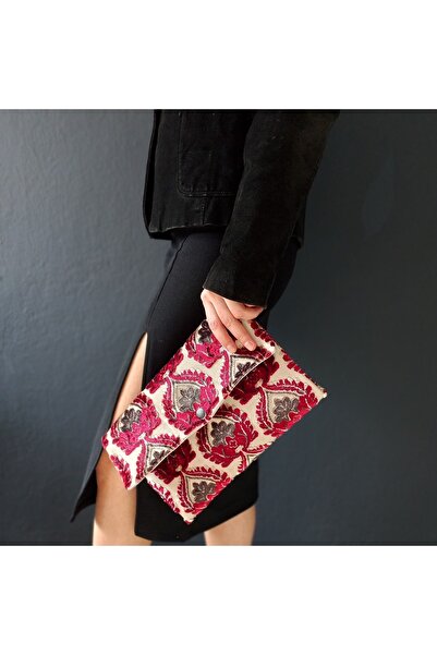 Ser'Amore Clutch Çanta Lüks Marka Kadın Çantaları- Kadife Bordo El Çantası Bölmeli Model