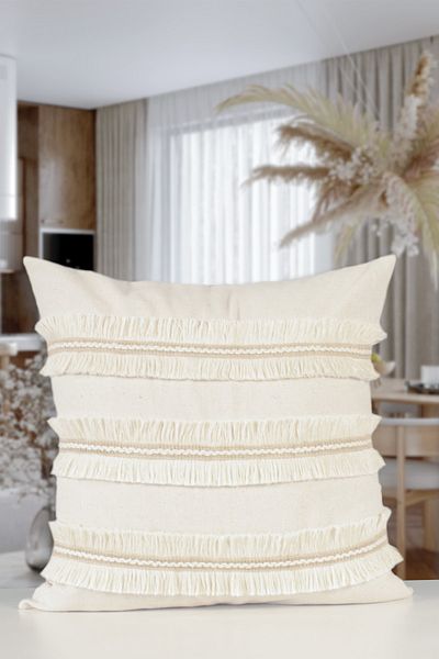 NDC HOME Special Design Jute Tasseled Single Linen Cream Throw Pillow Cover (45 X 45)