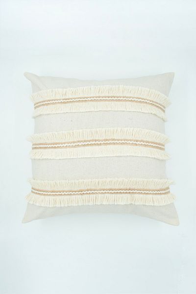 NDC HOME Special Design Jute Tasseled Single Linen Cream Throw Pillow Cover (45 X 45)