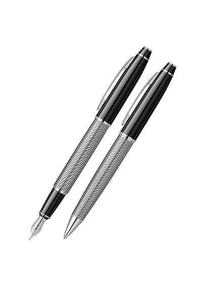 Scrikss 35c Herringbone Pattern / Black Glossy Lacquer Fountain Pen Ballpoint Pen Set