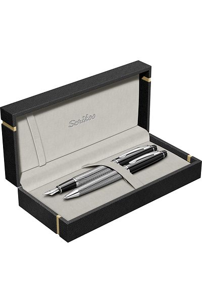 Scrikss 35c Herringbone Pattern / Black Glossy Lacquer Fountain Pen Ballpoint Pen Set