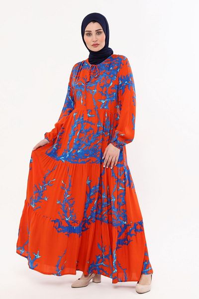 Kardelen Butik Ümraniye Hijab Long Dress Viscose Summer Orange Efil Efil