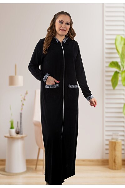 ESRATEKS Gümüş Işlemeli Fermuarlı Kapüşonlu Siyah Uzun Havlu Elbise